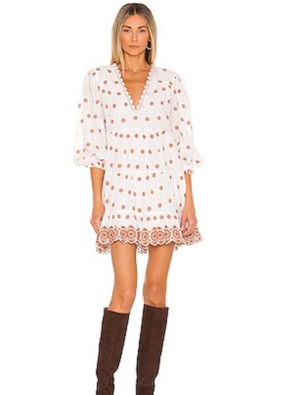 Tularosa White Mini Dress with Rust Embroidery